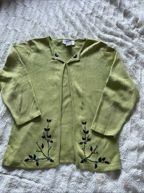 Vintage Clio Lime Green Embroidered Beaded Silk/ cotton Open Cardigan Sz PS